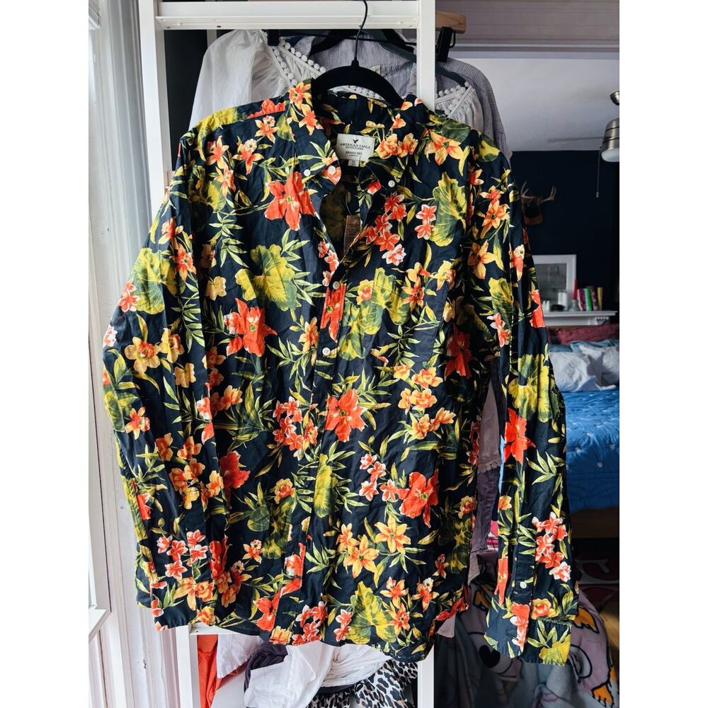 American Eagle Black Orange Floral Long Sleeve Seriously Soft Classic Shirt XXL‎